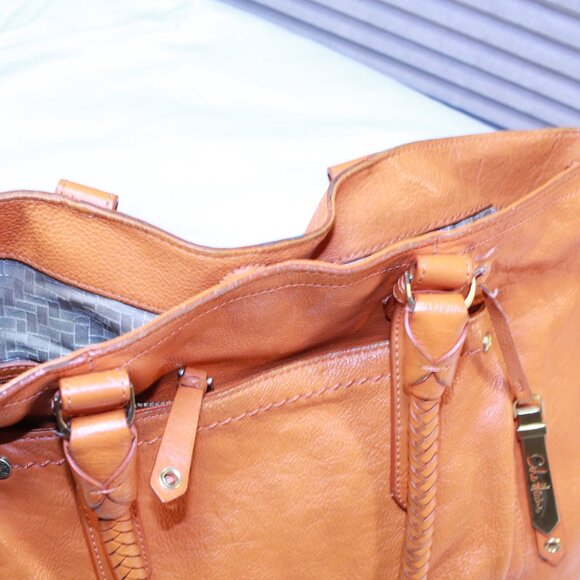 Cole Haan Orange Pebbled Leather Double Braided Handle Footed Large Tote Bag - Picture 8 of 16